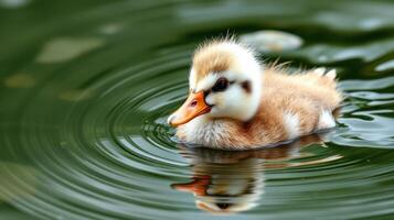 Cute duckling swims in calm pond water creating gentle ripples on a sunny day photo