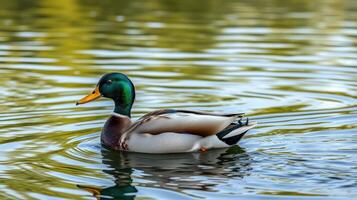 Mallard duck swimming gracefully in a tranquil pond surrounded by lush greenery on a sunny day photo