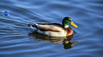 Mallard duck swimming peacefully on a calm lake in the early morning light photo