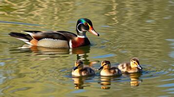 Wood duck and ducklings swimming in tranquil pond during golden hour photo