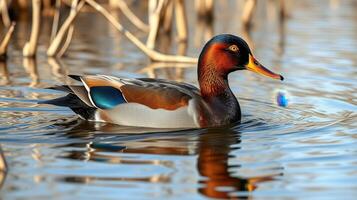 Colorful duck swims gracefully in a serene water habitat surrounded by reeds photo