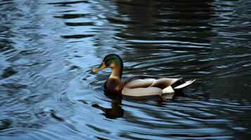 Duck swimming peacefully on a calm pond during the early morning light photo