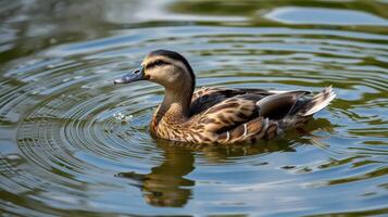 Duck swimming in a serene pond surrounded by rippling water in natural light during a calm afternoon photo