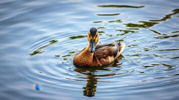 Duck swimming serenely in a tranquil lake creating ripples under a clear blue sky photo