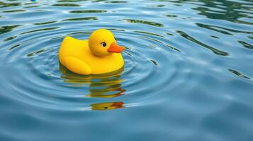 Bright yellow rubber duck peacefully floating on calm water surrounded by gentle ripples photo