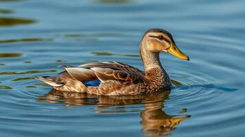 Mallard duck swims gracefully on calm water during golden hour in a serene environment photo
