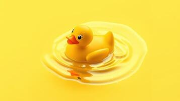 Cute yellow rubber duck floating on bright yellow water, creating ripples in a playful setting photo