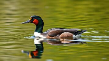 Colorful duck swimming gracefully in calm water during a sunny day in a serene natural environment photo