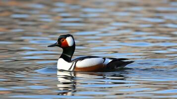 Colorful duck swimming gracefully in calm water surrounded by nature on a sunny day photo