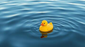 Cute yellow rubber duck swims effortlessly on calm blue water surface during sunny day photo