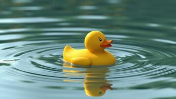 Cute yellow rubber duck floating on calm water creates a serene atmosphere in a peaceful setting photo