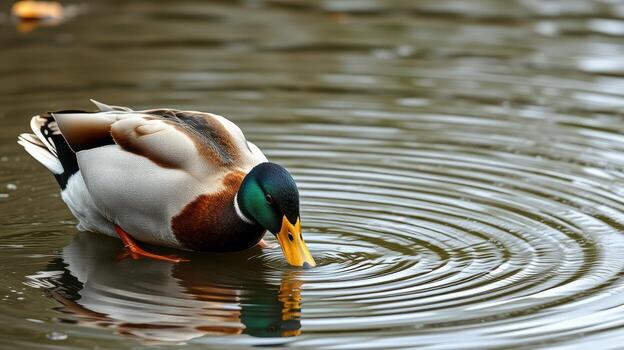 Duck foraging in rippling pond water during a tranquil afternoon photo