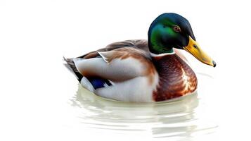 Male mallard duck swimming gracefully in calm water surrounded by a serene natural environment photo