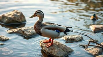 Mallard duck standing on a rock in a serene lake during golden hour near a lush natural setting photo