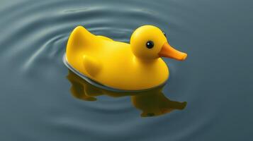 Yellow rubber duck floating on calm water creating ripples during a sunny day photo