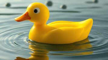 Bright yellow rubber duck floats serenely on calm water creating gentle ripples in a tranquil setting photo