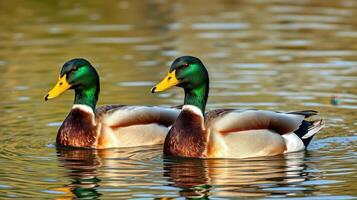 Mallard ducks swim in tranquil waters surrounded by natural beauty during a sunny afternoon in a picturesque setting photo
