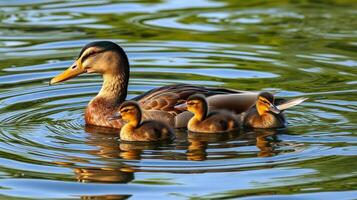 Mother duck swimming gracefully with her ducklings in a serene pond during a sunny afternoon photo