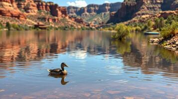 Duck swimming peacefully in a serene lake surrounded by scenic mountains during a sunny day photo