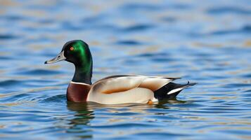 Mallard duck swimming peacefully in a tranquil blue lake during a sunny day photo