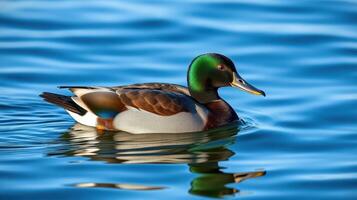 Mallard duck swimming gracefully in a serene blue lake during a sunny afternoon photo