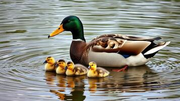 Mother duck swims with her ducklings in a serene pond during a sunny day photo