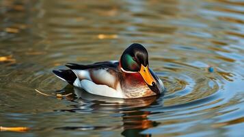 Beautiful male mallard duck gliding across a tranquil pond during golden hour photo