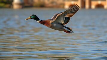 Mallard duck glides gracefully above the calm water in a serene natural setting photo
