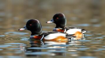Ducks swimming gracefully on a calm water surface in a natural habitat during a sunny afternoon photo