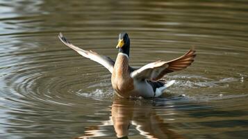 Duck gracefully flapping wings while swimming in a serene pond during the early morning light photo