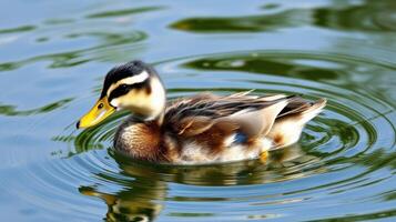 Mallard duck swimming calmly on a pond creating ripples in the water during a sunny day photo