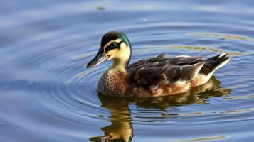 Duck gliding on calm water under soft sunlight in a serene lake setting photo