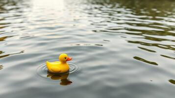 Yellow rubber duck floating on calm water during a tranquil afternoon in a serene natural setting photo