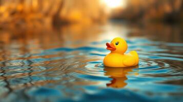 Yellow rubber duck floats on tranquil water surrounded by autumn foliage in a serene natural setting photo