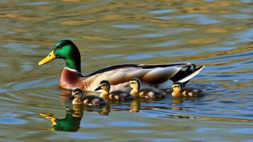 Mallard duck swims gracefully with ducklings in serene water during daylight at a tranquil pond photo
