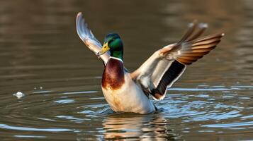 Vibrant mallard duck flapping wings on tranquil water at sunrise near a serene pond photo