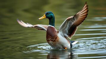 Mallard duck flaps its wings while swimming in a tranquil pond surrounded by greenery in the early morning light photo