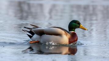 Male mallard duck swims gracefully across a calm lake at dawn in early spring photo