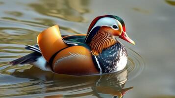 Majestic mandarin duck gracefully swims through calm waters in a serene natural setting during midday photo