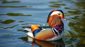Colorful mandarin duck swimming gracefully on a serene lake surrounded by lush greenery photo