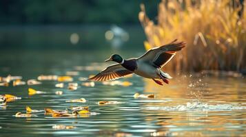 Duck takes flight over serene lake surrounded by autumn foliage during golden hour photo