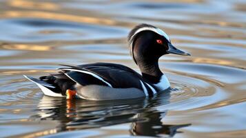 Stunning harlequin duck swimming gracefully on calm waters reflecting sunlight in a serene natural habitat photo