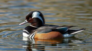 Beautiful male mandarin duck swimming gracefully in a serene pond during the afternoon photo