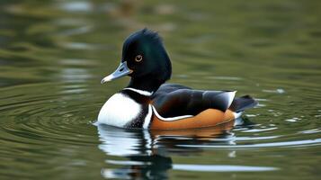Colorful duck swims gracefully in tranquil waters during early morning light photo