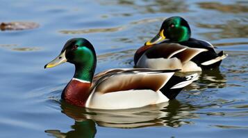 Pair of male ducks swimming gracefully on a tranquil lake during sunny afternoon photo