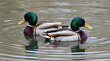 Two male ducks swimming gracefully in a tranquil pond during a sunny afternoon photo