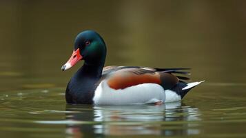 Colorful male duck swims gracefully on calm water in a serene environment photo