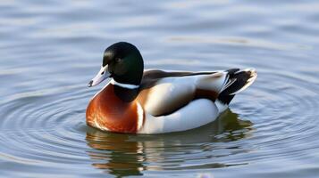 Colorful duck swimming in calm waters during a sunny afternoon in a serene natural setting photo