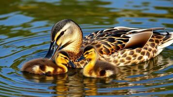 Mother duck swims with her ducklings in a serene pond during a sunny afternoon in spring photo