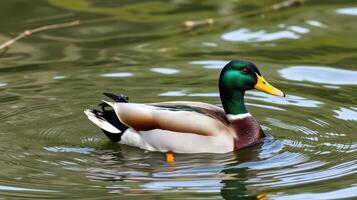 Colorful male duck swimming gracefully in a serene pond during daylight hours photo